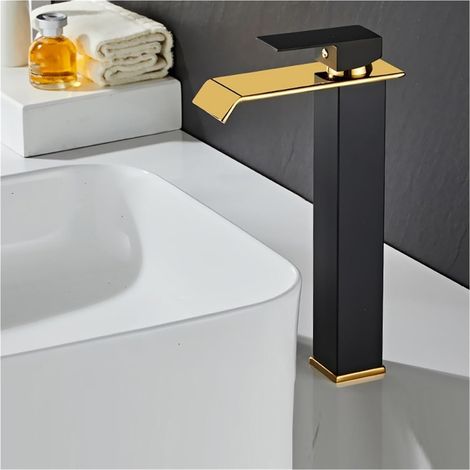 Gold waterfall faucet for black sink – Modern bathroom and kitchen mixer tap, elegant design (1/4)