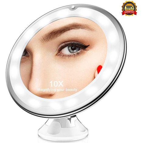 Promotion, Miroir Grossissant X10, Miroir Grossissant Lumineux LED de Voyage avec Ventouse, Miroir Grossissant Mural Portable, Rotation à 360°, Miroir à Poser Idéal pour Rasage et Maquillage,AAFGVC