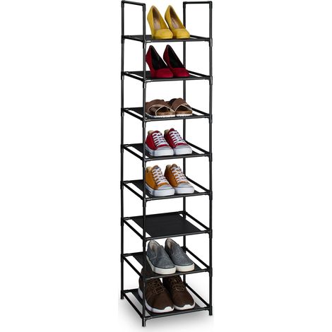 Relaxdays Shoe Rack, 8 Tiers, Narrow Metal Frame, Fabric Levels, Plug Together, Organise, Hallway Storage, Black/Grey (1/5)