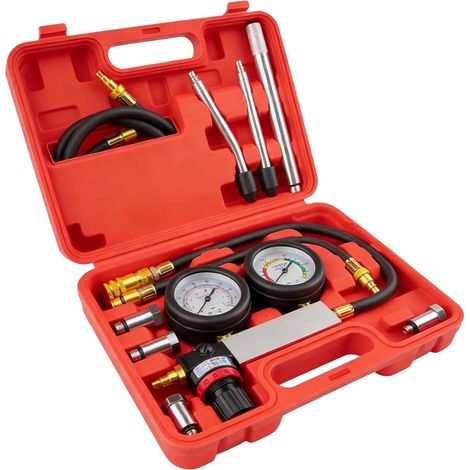 Probador de compresión, juego de manómetros de compresión, kit de prueba de fugas de cilindros, con varilla de extensión, manómetro doble para comprobación de presión y prueba de fugas, rojo