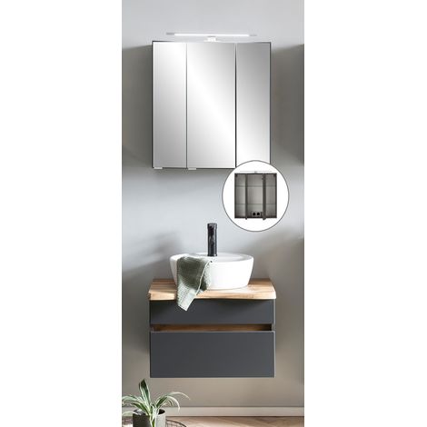 Waschtisch Kombination mit LED Beleuchtung VIDAGO-03 in graphit mit Baumkante, B/H/T: ca. 61/200/52 cm (1/5)