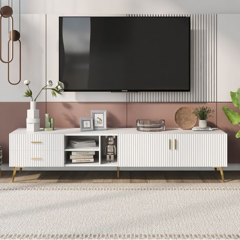 Mobile TV 180 x 35 x 41 cm in MDF e metallo bianco con vani contenitore per soggiorno FloraGrace (1/5)