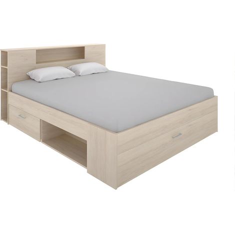 Vente-Unique – Lit avec tiroirs 140 x 190 cm – Tête de lit avec rangements – 2 tiroirs coulissants – Panneau mélaminé naturel clair (1/5)