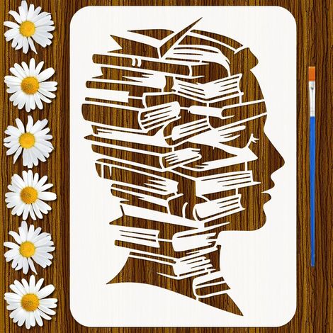 Pochoirs de Motif de Livre et Figure avec Pinceau 21x29,7cm Pochoir de Silhouette de Visage Design Livre Pochoir Artisanal de Thème de Figure pour Mur Bois Meuble DIY Décoration Maison (1/5)