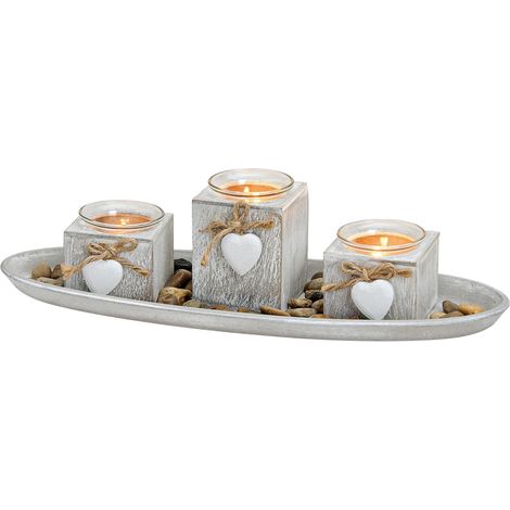 Teelichthalter Dekoset 8-teilig mit Tablett - shabby weiß - Tischdeko Set inklusive Steine - Kerzen Tablett Teelicht Halter Tisch Deko Landhaus inklusive Kies