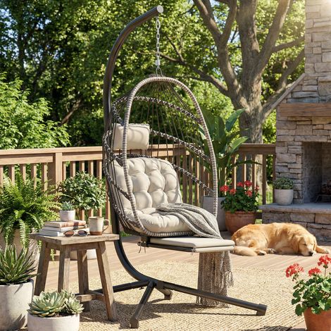 Fauteuil suspendu avec support, chaise suspendue pliante avec repose-pieds rétractable, gris clair (1/5)