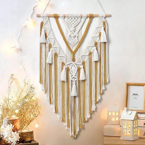 Boho Macramé Tenture Murale Géométrique Tissé Bohème Tapisserie Murale Beige et Gris Coton Fait à la Main Ornement avec Gland pour Chambre Salon Appartement Pépinière