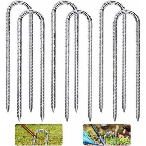 DBBEGK 6 pièces 30CM Piquets de Sol en Forme de U, Acier galvanisé Ancrage de Tente Clous de Trampoline Crochets pour la sécurisation de clôtures, tentes, auvents, Camping, Trampolines