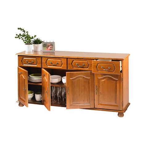 Beaux Meubles Pas Chers – Buffet enfilade chêne massif 4 portes 4 tiroirs – Dimensions L 158.8 x H 77 x P 41 cm – Quincaillerie métal doré vieilli – Fabrication française (1/6)