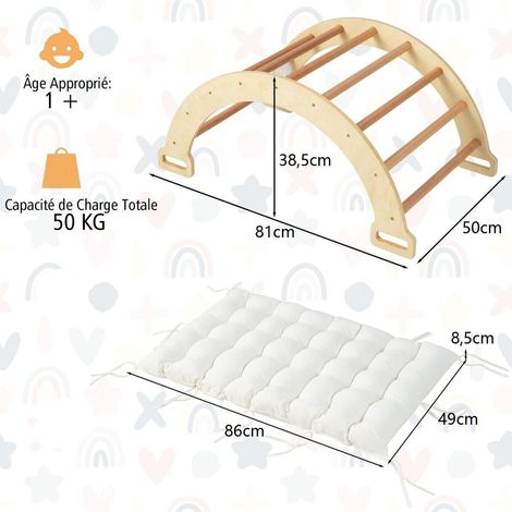 Montage facile arche d'escalade 2 en 1 en bois massif, bascule et balançoire avec coussin enfant (1/5)