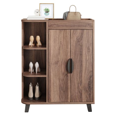 Armoire à chaussures étroite avec 2 portes + compartiments ouverts, imitation bois, design compact pour entrée ou petits espaces, avec étagère supérieure de rangement (1/5)