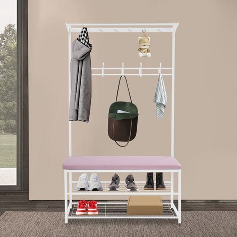 Porte-vêtements avec crochets, porte-vêtements métallique 100 kg, porte-manteau avec banc et 5 crochets amovibles, armoire de chambre avec étagère à chaussures, rose, 100 x 33 x 170 cm (1/5)