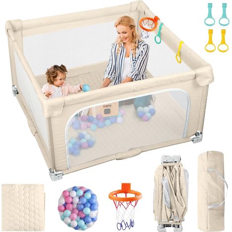 Parc Bébé Pliable 127 × 127 cm avec Tapis Sac de Rangement Balle Océanique Panier de Basket Parc de Jeux Bébé Portable Usage Intérieur et Extérieur Maille Respirante Tissu Oxford 210D -Beige (1/5)