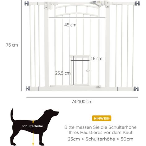 Barrière de sécurité pour chien avec porte chat, auto-fermeture, sans vis, largeur réglable 74-100 cm, blanc, idéale pour intérieur. (1/5)