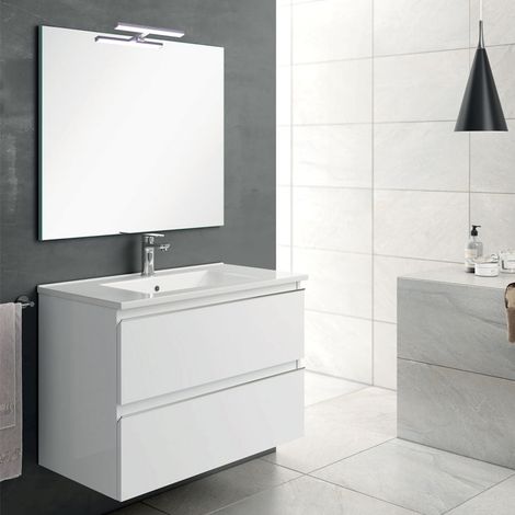 Meuble de salle de bain 80cm simple vasque - 2 tiroirs - blanc - BALEA (1/5)