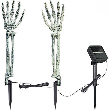 Décorations extérieures d'Halloween, piquet de bras de crâne illuminé avec 40 lumières blanches chaudes LED - 8 modes solaires d'extérieur (1/4)