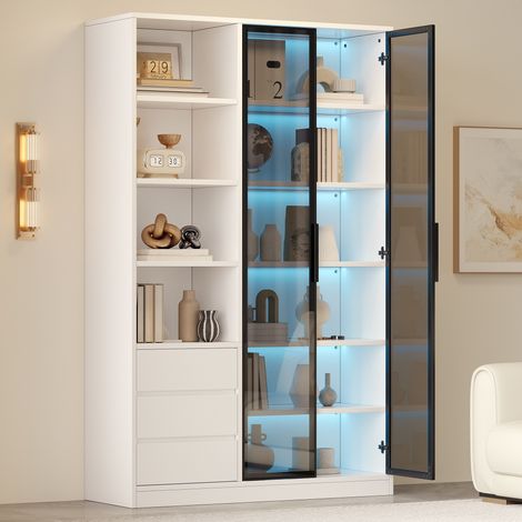 Vetrina alta 160 cm con LED, 2 ante in vetro temperato, 3 cassetti e ripiani, mobile contenitore moderno - Bianca (1/5)