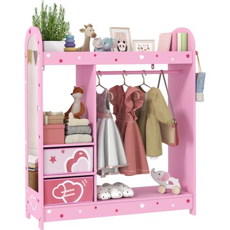 AIYAPLAY Kids Wardrobe, Kids Clothes Rail with Mirror for Bedroom, Pink (1/5)