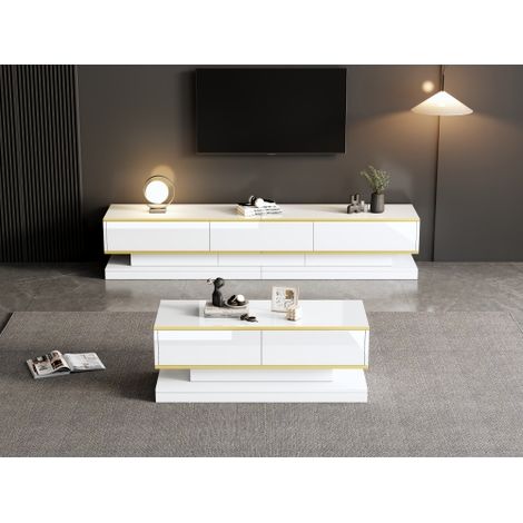 Ensemble meuble TV et table basse modernes blanc brillant – Console TV à 3 tiroirs, table basse à 2 tiroirs, finitions dorées – Pour le salon