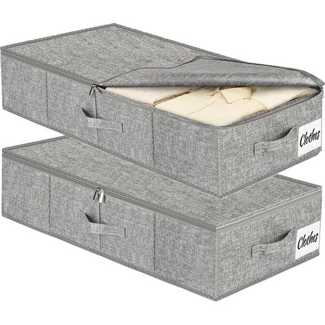 17 cm de Hauteur, Lot de 2 Boîtes de Rangement Sous Lit avec Couvercle, Caisses de Rangement Sous Lit Pliables en Tissu, 3 Poignées, Fermeture Éclair, Grande Capacité Pour Vêtements, Literie, Gris (1/5)