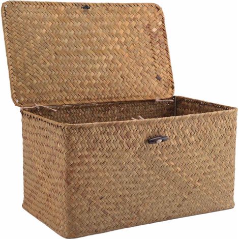 Tlily – Panier de rangement en jonc de mer tissé à la main – Couvercle inclus – 31x18x15cm – Organisateur pour maquillage et linge (1/5)