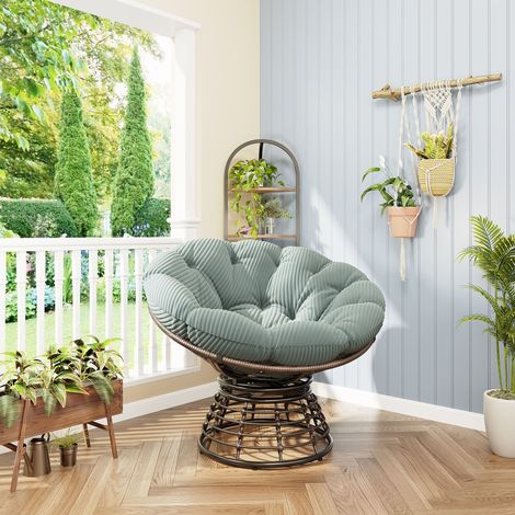 Chaise Papasan osier pivotante 360° coussin vert clair velours côtelé cadre marron,mobilier doux pour salon et chambre.