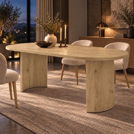 Table à Manger 200 x 90 cm plateau épais 6 à 8 places coins arrondis pieds incurvés style épuré finition couleur chêne (1/3)