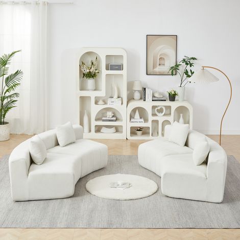 Divano modulare curvo beige in ciniglia con 2 cuscini, design a tasti di pianoforte (1/5)