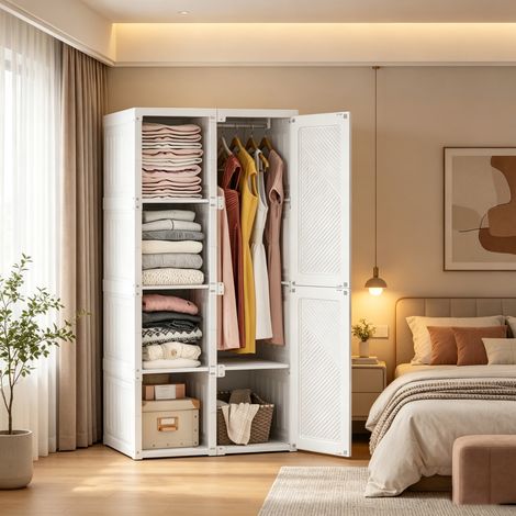 JOOKGBD- Armoire pliable sans vissage, 8 compartiments 6 portes volume 470L, placard plastique blanc tringle à vêtements, montage instantané pour chambre rangement linge draps accessoires (1/5)