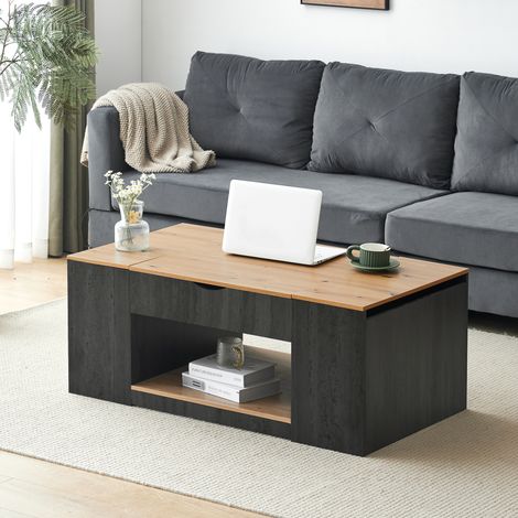 Tavolino da caffè MDF grigio e effetto legno 109,5 cm, sollevabile con contenitori