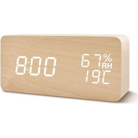 Réveil numérique en bois, 3 réglages d'alarme, affichage électronique de l'heure par LED, 3 niveaux de luminosité et réglage de la température de couleur - bois noir, lettrage blanc. (1/5)