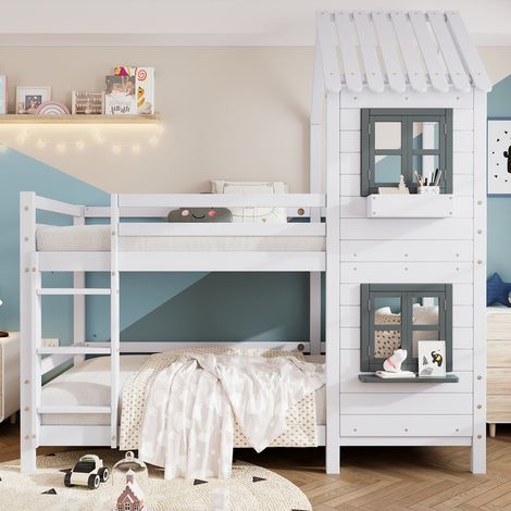 Lit cabane 90 x 200 cm en pin blanc avec fenêtres, garde-corps et barrière de sécurité pour enfants (1/5)