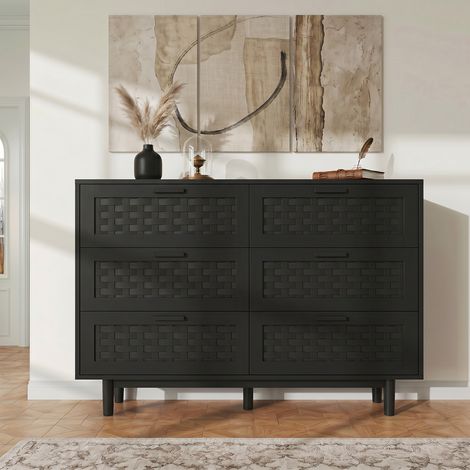 BLANKETSWARM - Commode à 6 tiroirs en rotin, 115x40x80 cm, Armoire de rangement pour salon et chambre,commode,  salon, entrée, Noir