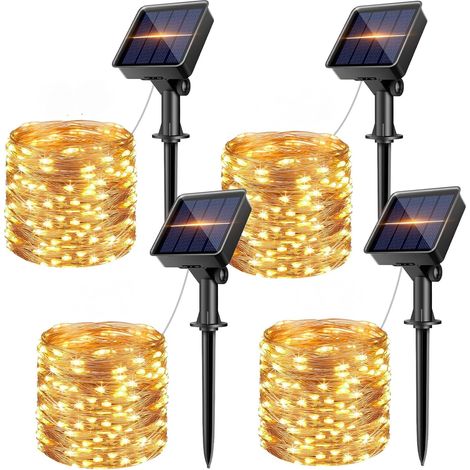 Solar-Lichterkette für draußen, 4er-Pack, 10 m, 100 LEDs, Solar-Lichterkette für draußen, 8 Modi, wasserdichte Solarleuchten für draußen, für Garten, Hochzeit, Party, Terrasse, Weihnachtsbaum (1/5)