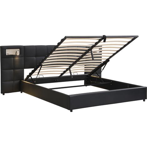 Cama canapé hidráulica 180 x 200 cm de PU negro con USB, carga inalámbrica y luz (1/5)