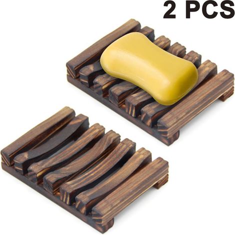 Lot de 2 porte-savons en bois pour douche, porte-savon artisanal pour lavabo, boîte à savon en bambou naturel pour savon et éponges à récurer (1/5)