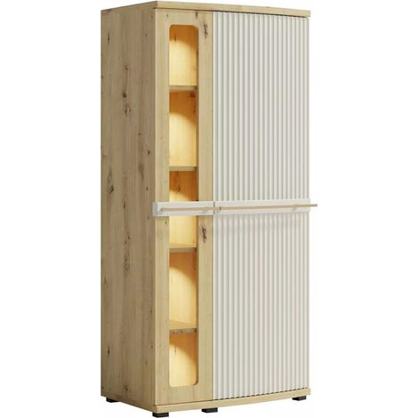 CANDY Armoire vitrée avec LED 5 étages 75x148 cm courbée à relief en bois design moderne épuré Blanc cassé (1/5)