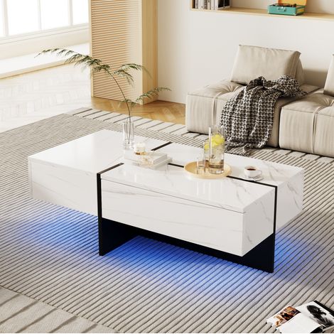 Tavolino LED 100x50x34,5 cm in pannelli di legno bianco FloraGrace (1/5)