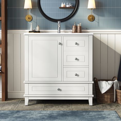 Mobile lavabo 81 cm bianco lucido con 3 cassetti, anta e lavabo OKMYHOME (1/5)