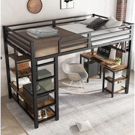 Letto a castello 208x124x160 cm con scrivania, ripiano, scala a 4 gradini, metallo e legno, nero e noce scuro (1/5)