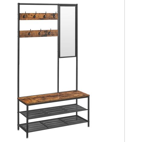 Meuble d’entrée avec crochets miroir banc et étagère à chaussures porte-manteaux vestiaire 35 x 98 x 180 cm couloir chambre salon style industriel marron (1/5)