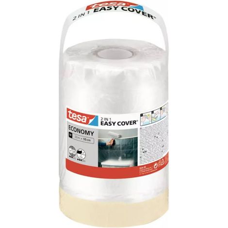 tesa Easy Cover Film ECONOMY - Telo Copritutto per Pittura 2 in 1 con Biadesivo in Carta - 2x 20 m x 55 cm (1/3)