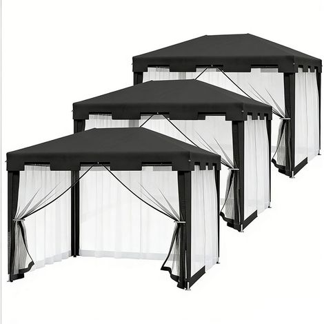 3er-Set  pavillon Partyzelt 4 x 3 m Gartenpavillon mit Netz-Seitenwänden für Balkon Terrasse, Metall PE Dunkelgrau, ideal für Feste & Veranstaltungen