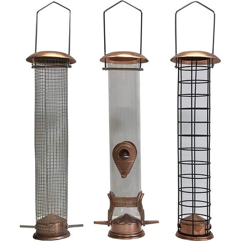 Large Copper Style Hanging Bird Feeders Seed, Nut and Fatball (Set of 3)