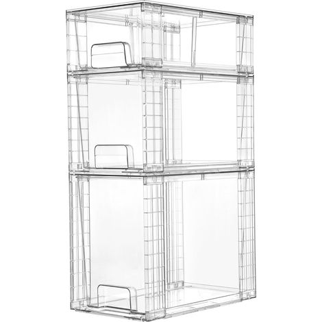Lot de 3 tiroirs de rangement empilables transparents, faciles à assembler, organiseurs de salle de bain et rangement avec poignées, tiroirs de rangement en plastique pour garde-manger, (1/5)