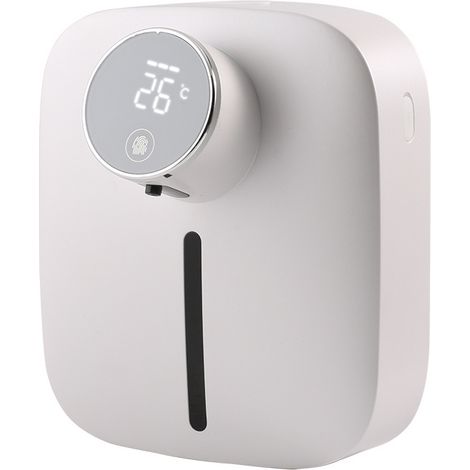 Schaumseifenspender, automatisch, Wandmontage mit integriertem Reservoir, wiederaufladbar, Anzeige von Raumtemperatur und Batteriestand, IPX4 wasserdicht, kontaktlos, weiß