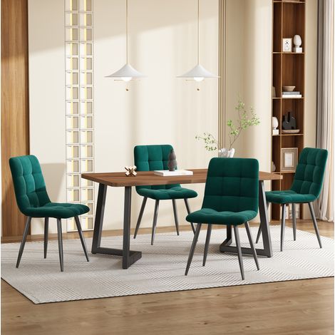 5-teilige Essgruppe, Tisch 117x68x75 cm Mdf Nussbaum Und 4 Sessel Velours Dunkelgrün, Metallfüße (1/5)