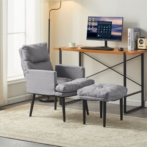 CLIPOP Fauteuil d'oreille avec Tabouret, tissu de lin Fauteuil de détente Moderne avec 5 Angles de Dossier réglables, gris clair (1/5)