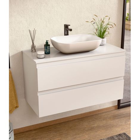 BELLOBATH - Meuble Salle de Bain avec Plan Vasque en Céramique, Meuble Monté avec 2 Tiroirs, 80 x 55 x 46 cm, Meuble et Plateau Blanc