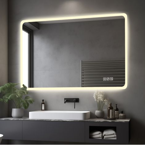 60×100cm LED Badezimmerspiegel mit Milchglasrand, Frontbeleuchtung, Anti-Beschlag, 3 Lichtfarben, Stufenlos Dimmbar, Memory-Funktion, Horizontal & Vertikal Montierbar, IP44 Wasserdicht (1/5)